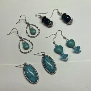 Lot Of 4 Costume Jewelry Pierced Earrings Dangle - Blue / Silver Tone